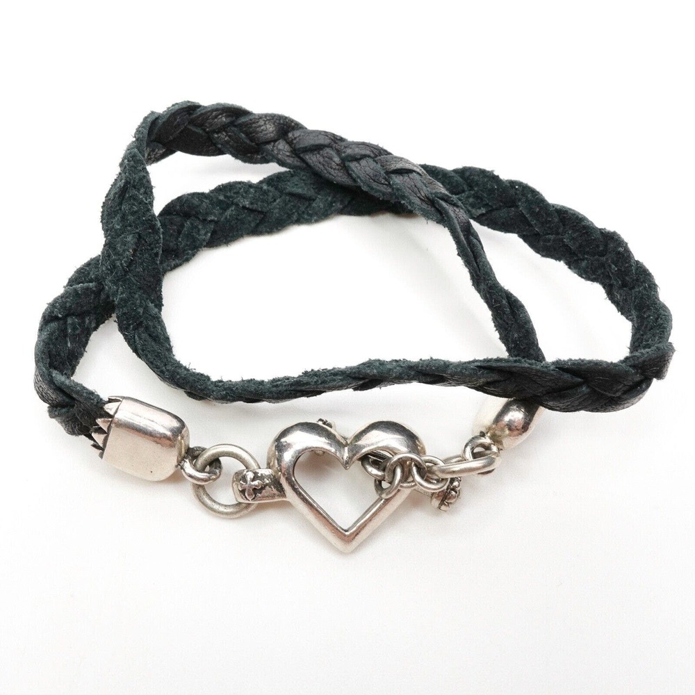 King Baby Studio Double Wrap Braided Leather Bracelet Heart Toggle Silver .925